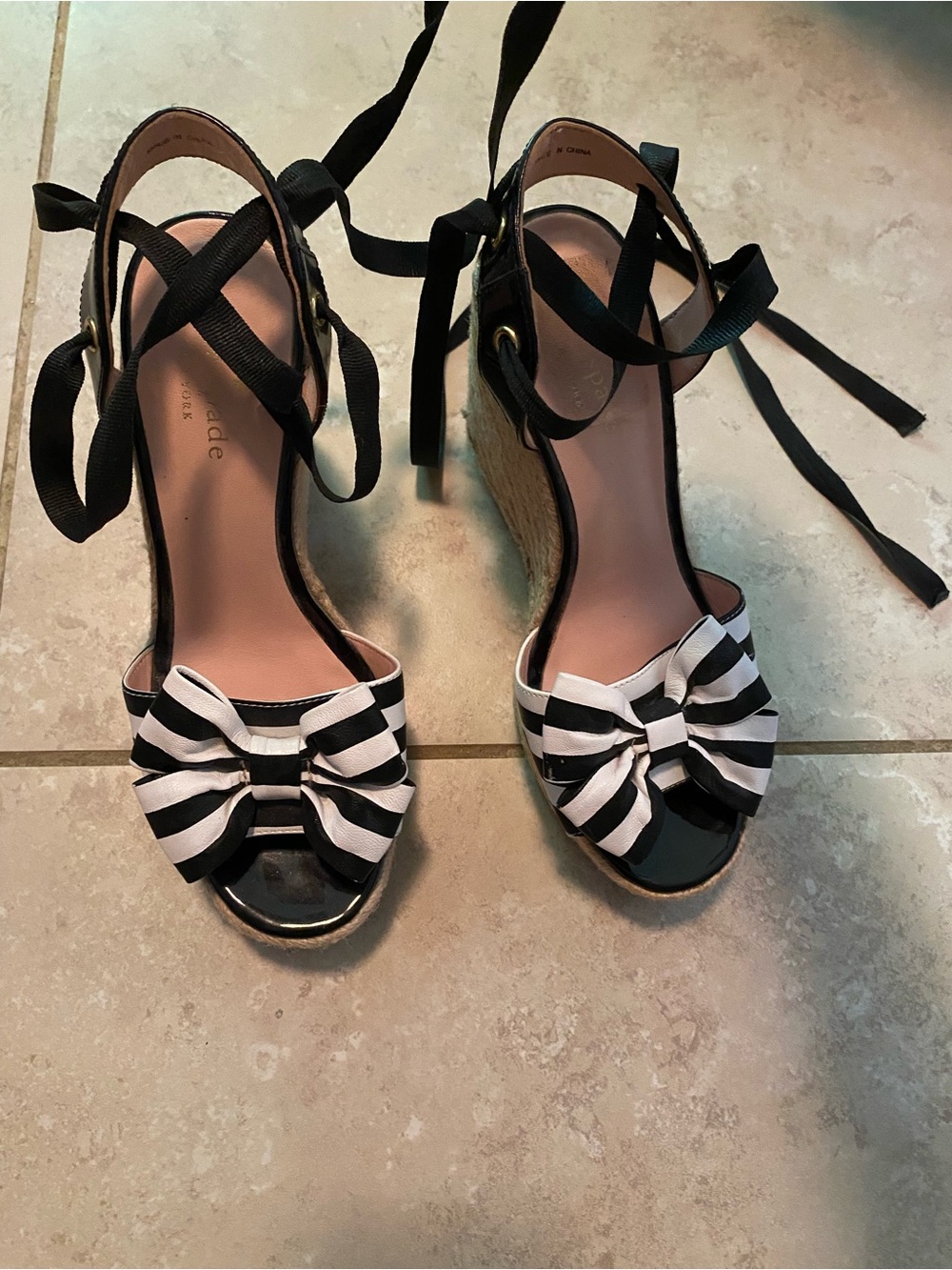 kate spade Black and White Striped Bow Espadrille Wedges